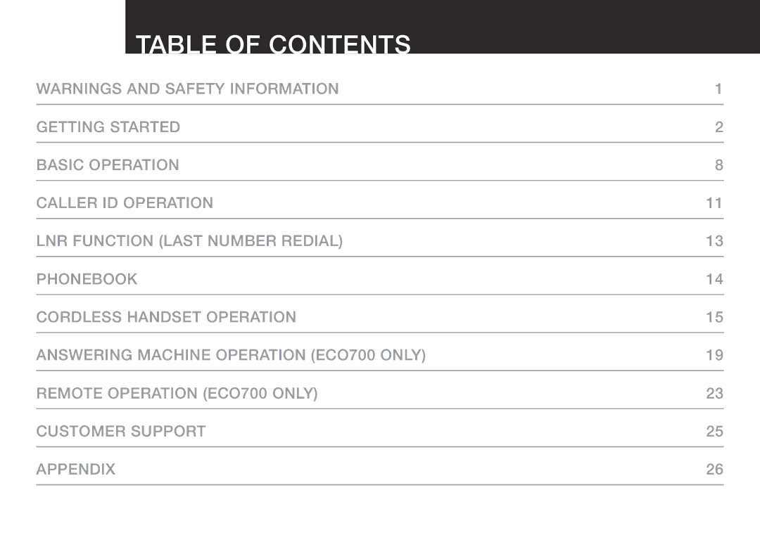 Oricom ECO700 manual Table of Contents 