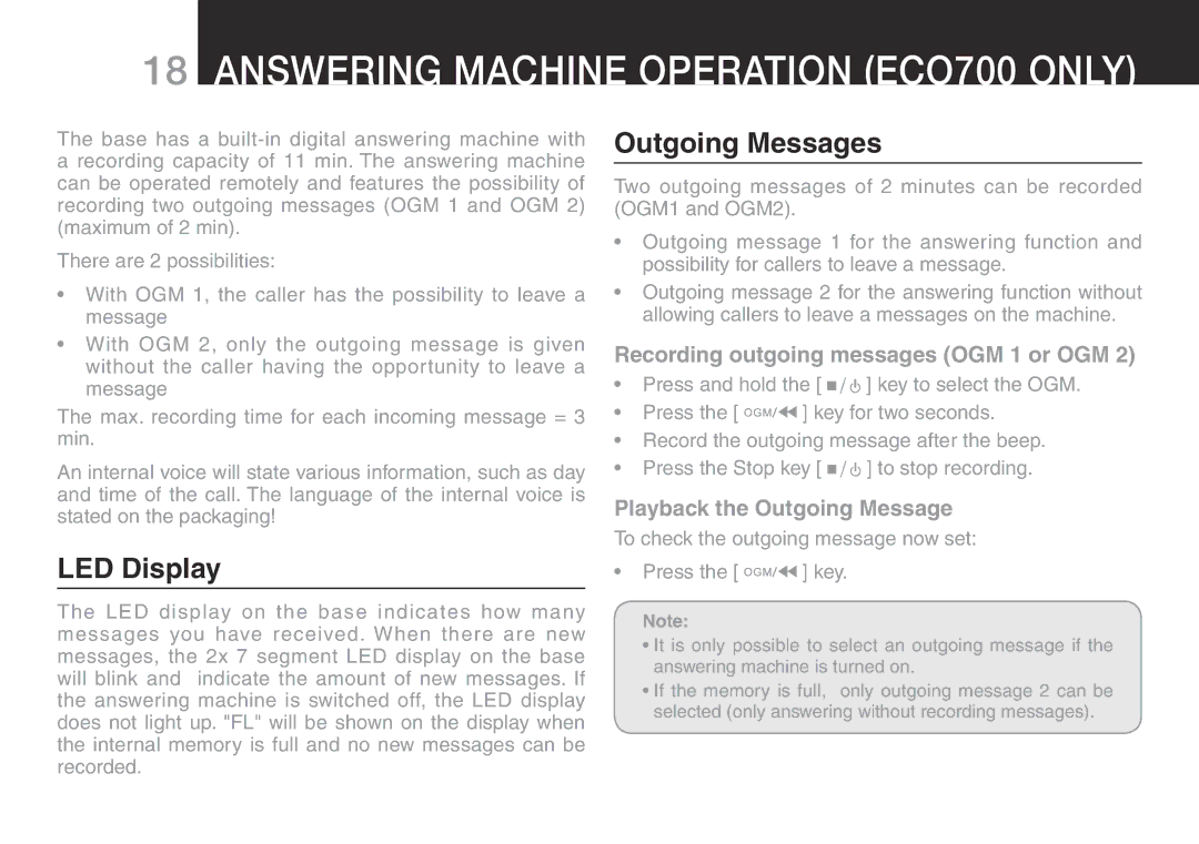 Oricom ECO700 manual Answering Machine Operation eco700 Only, Outgoing Messages, Recording outgoing messages OGM 1 or OGM 