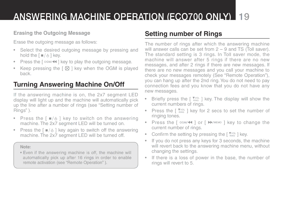 Oricom ECO700 manual Turning Answering Machine On/Off, Setting number of Rings, Erasing the Outgoing Message 