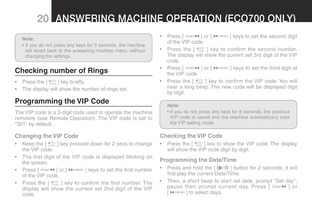 Oricom ECO700 manual Checking number of Rings, Programming the VIP Code, Changing the VIP Code, Checking the VIP Code 