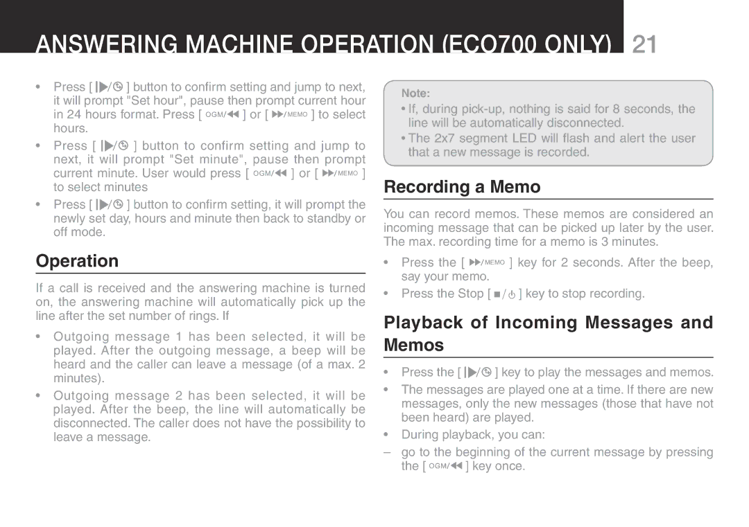 Oricom ECO700 manual Recording a Memo, Operation, Playback of Incoming Messages and Memos 