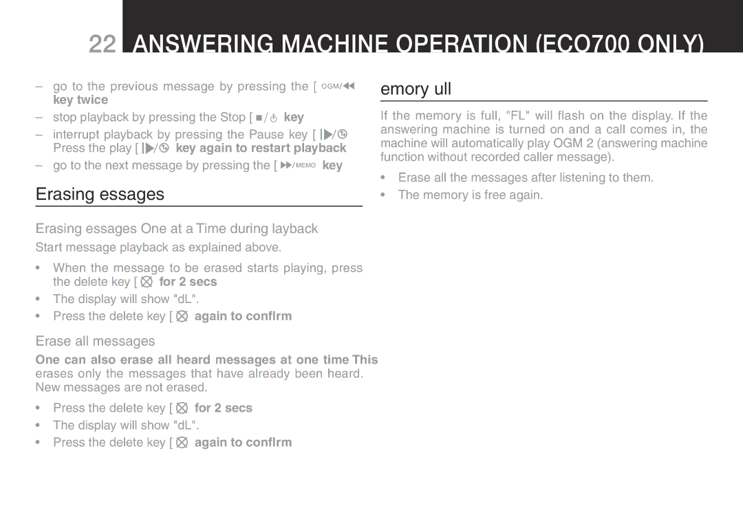 Oricom ECO700 manual Memory Full, Erasing Messages One at a Time during Playback, Erase all messages 