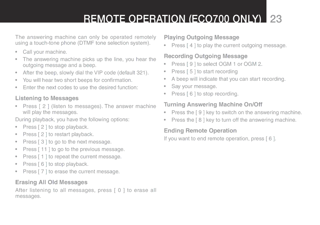 Oricom ECO700 manual Remote operation eco700 Only 