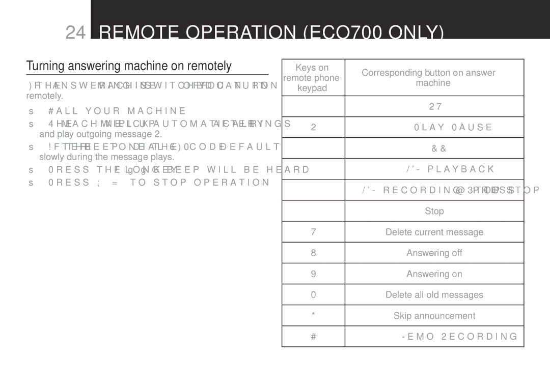 Oricom ECO700 manual Turning answering machine on remotely 