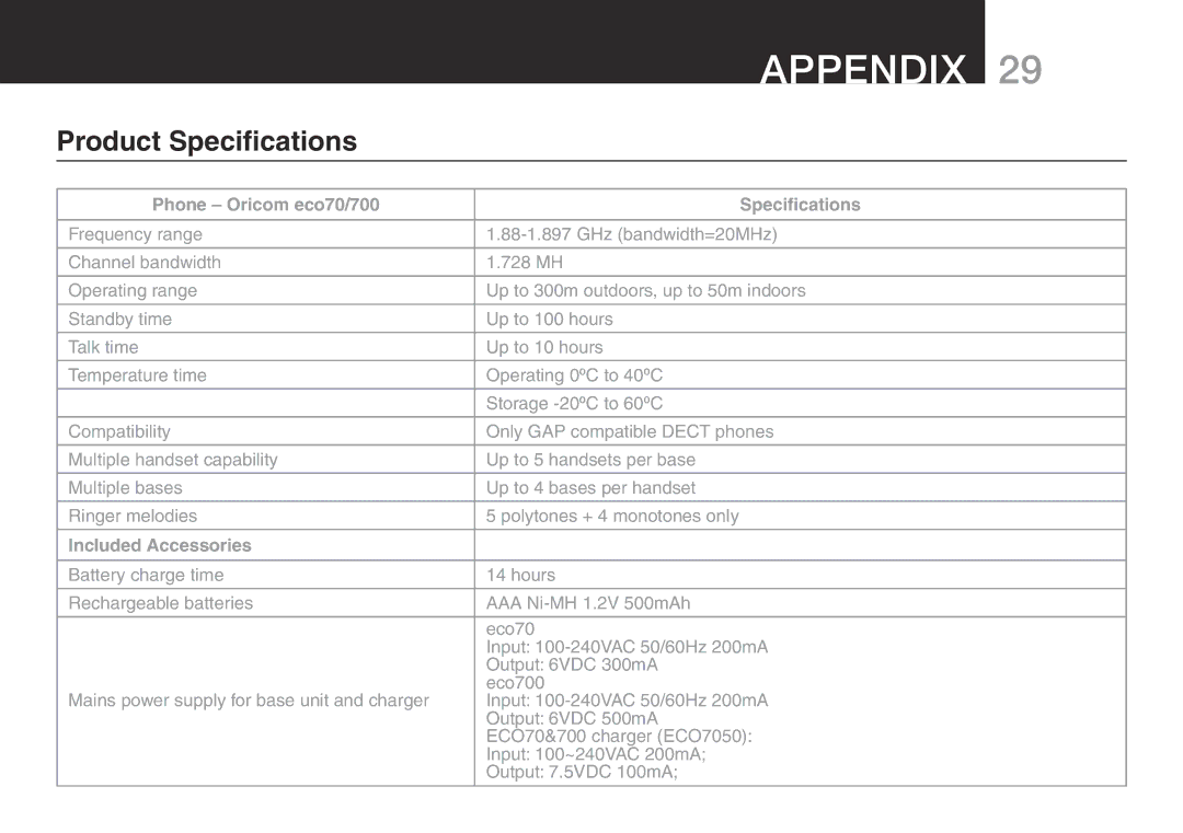 Oricom ECO700 manual Product Specifications 