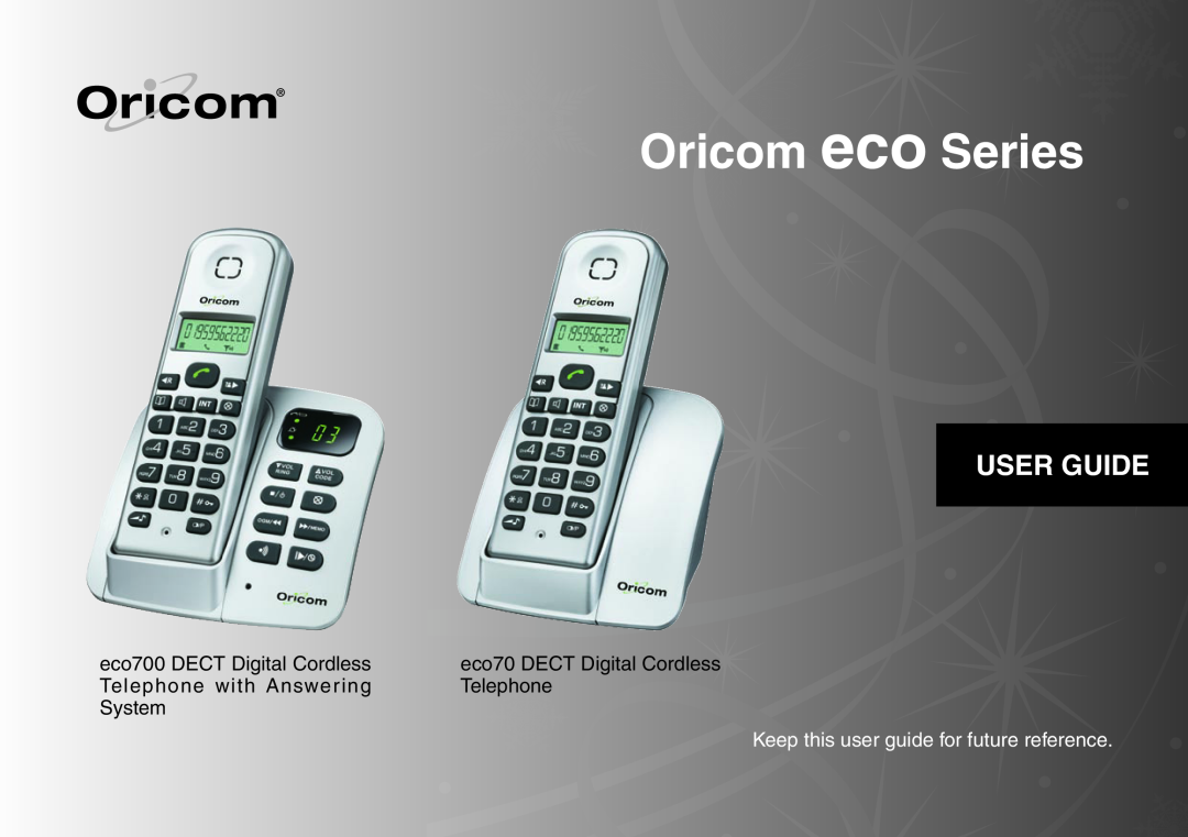 Oricom ECO70 manual Oricom eco Series, User Guide, eco700 DECT Digital Cordless, eco70 DECT Digital Cordless, Telephone 