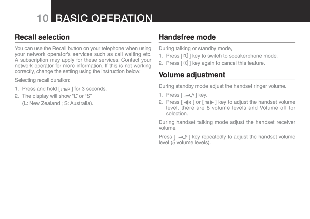 Oricom ECO700 manual Basic Operation, Recall selection, Handsfree mode, Volume adjustment 