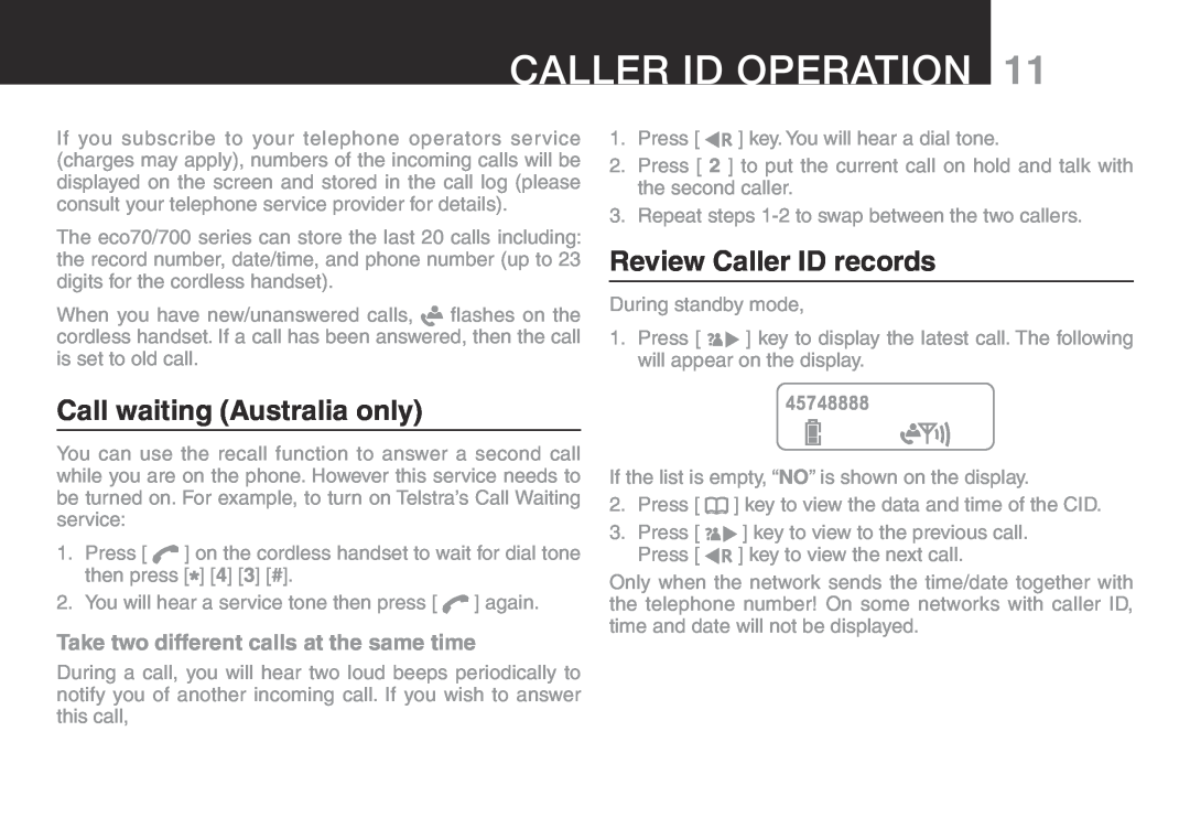 Oricom ECO700 manual Caller ID Operation, Call waiting Australia only, Review Caller ID records, 45748888 