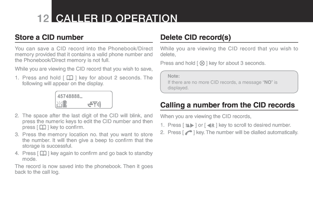 Oricom ECO700 Caller ID Operation, Store a CID number, Delete CID records, Calling a number from the CID records, 45748888 