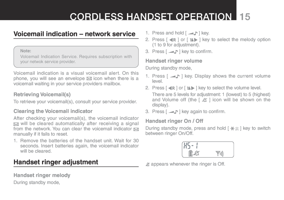 Oricom ECO700 manual Cordless Handset Operation, Voicemail indication - network service, Handset ringer adjustment 