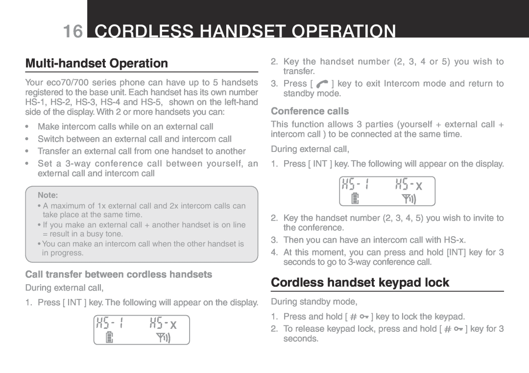 Oricom ECO700 manual Cordless Handset Operation, Multi-handset Operation, Cordless handset keypad lock, Conference calls 