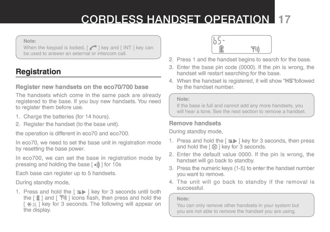 Oricom ECO70 manual Registration, Cordless Handset Operation, Register new handsets on the eco70/700 base, Remove handsets 