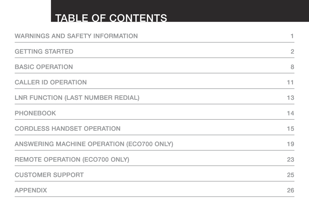 Oricom ECO700 manual Table Of Contents 