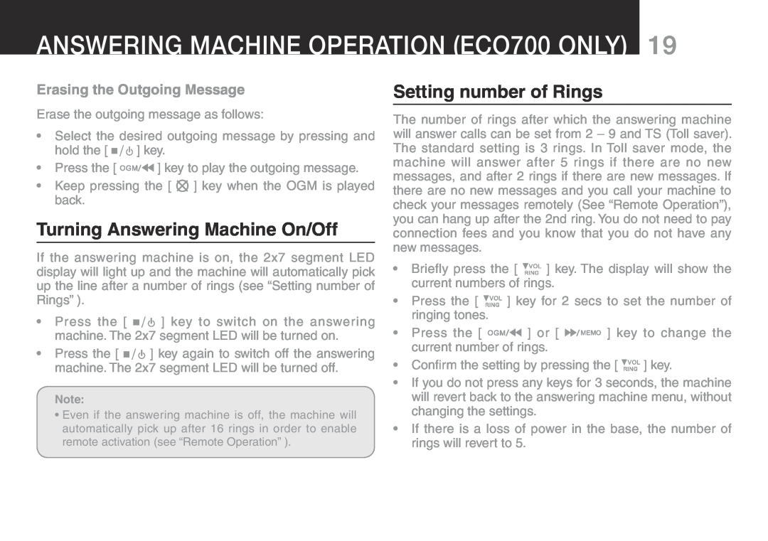 Oricom ECO700 manual Answering Machine Operation eco700 Only, Turning Answering Machine On/Off, Setting number of Rings 