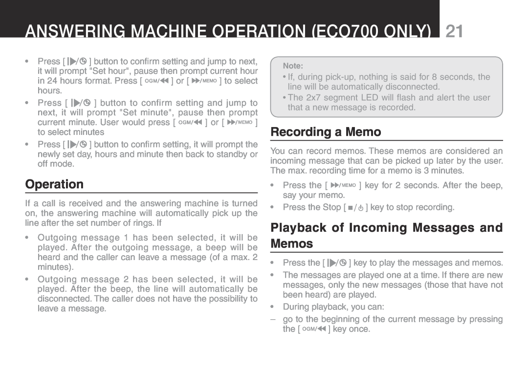 Oricom ECO70 manual Recording a Memo, Playback of Incoming Messages and Memos, Answering Machine Operation eco700 Only 