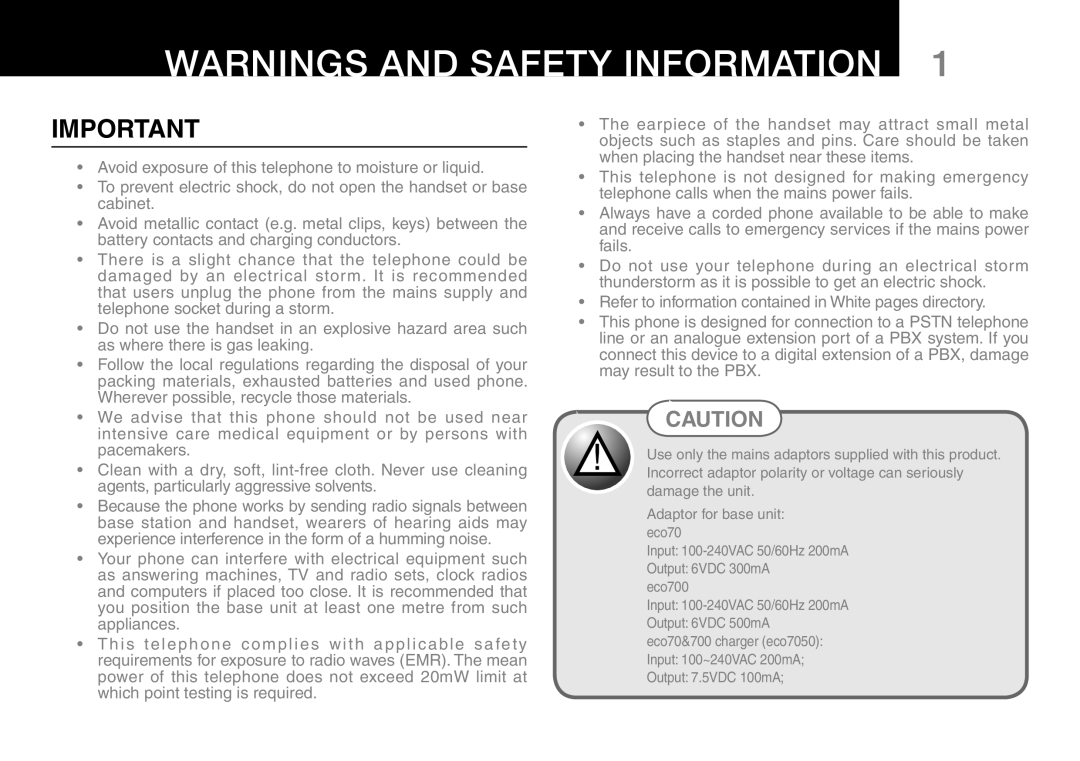 Oricom ECO700 manual Warnings And Safety Information, Avoid exposure of this telephone to moisture or liquid 