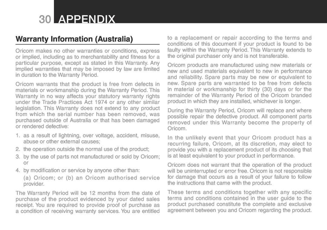 Oricom ECO700 manual Appendix, Warranty Information Australia 