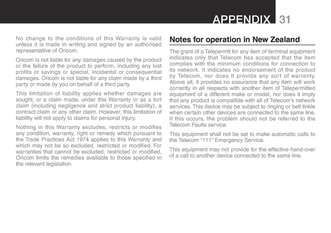 Oricom ECO700 manual Notes for operation in New Zealand, Appendix 