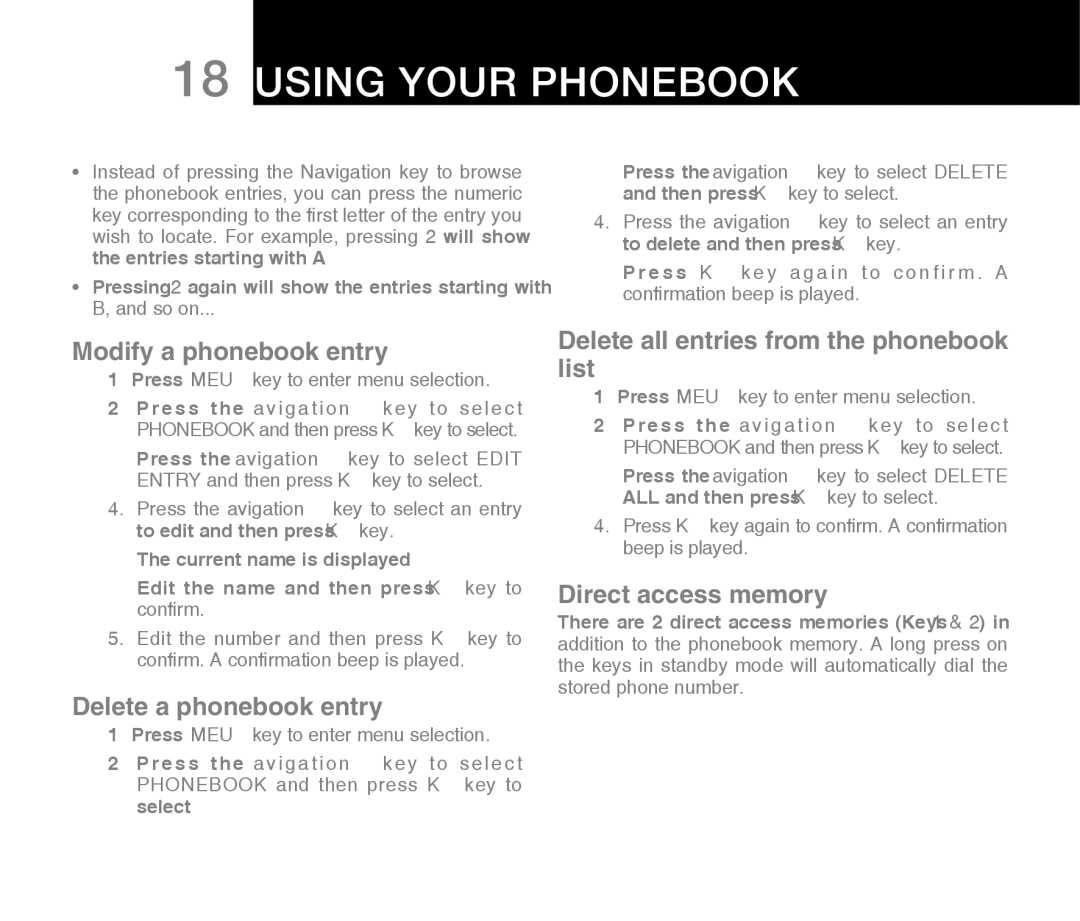 Oricom ECO71 warranty Modify a phonebook entry, Delete a phonebook entry, Delete all entries from the phonebook list 