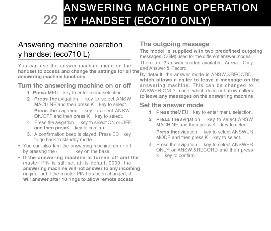 Oricom warranty Answering machine operation By handset ECO710 only, Answering machine operation by handset eco710 only 