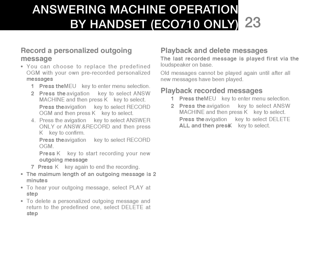 Oricom ECO71 warranty Record a personalized outgoing message, Playback and delete messages, Playback recorded messages 