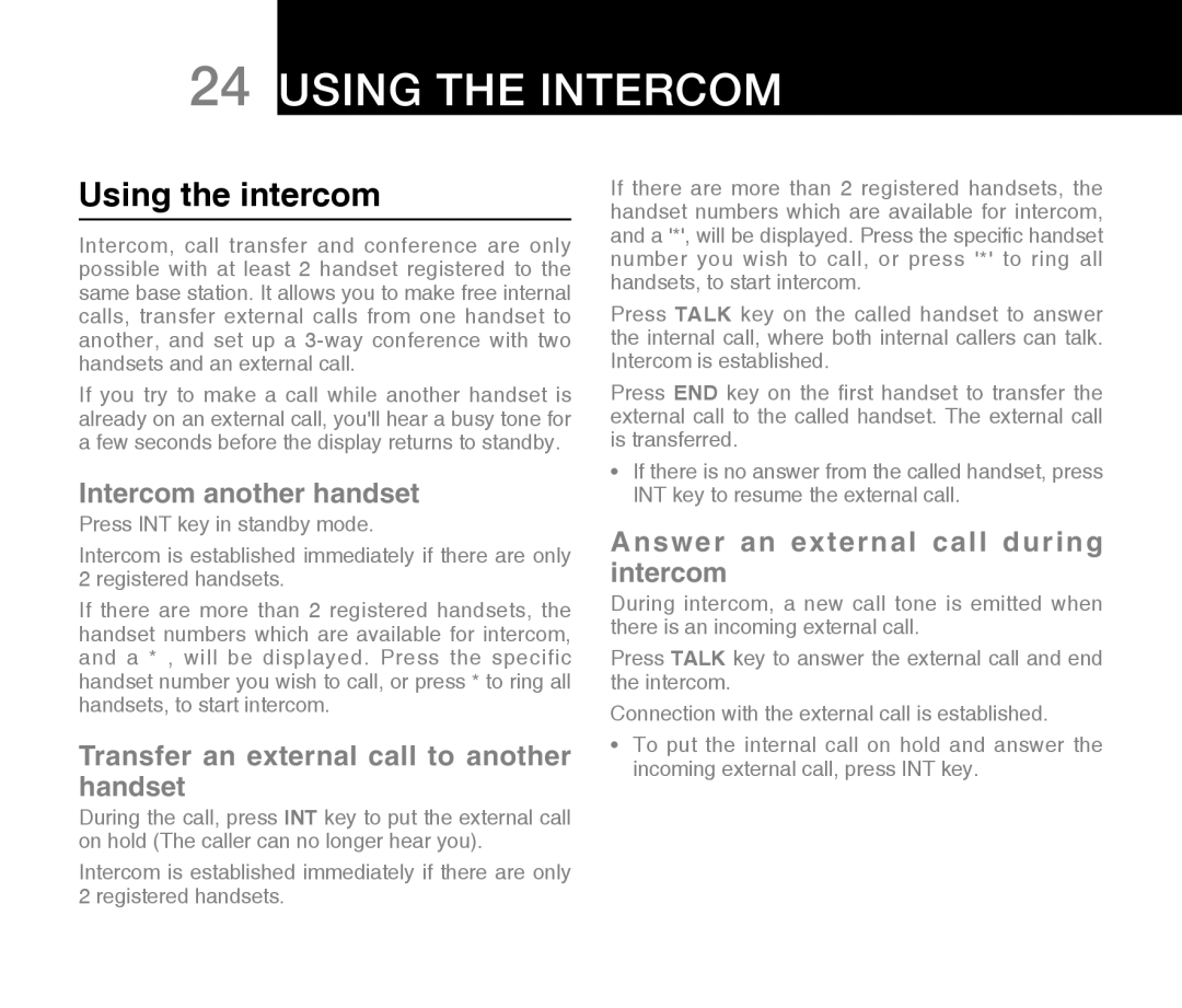 Oricom ECO71 warranty Using the intercom, Intercom another handset, Transfer an external call to another handset 