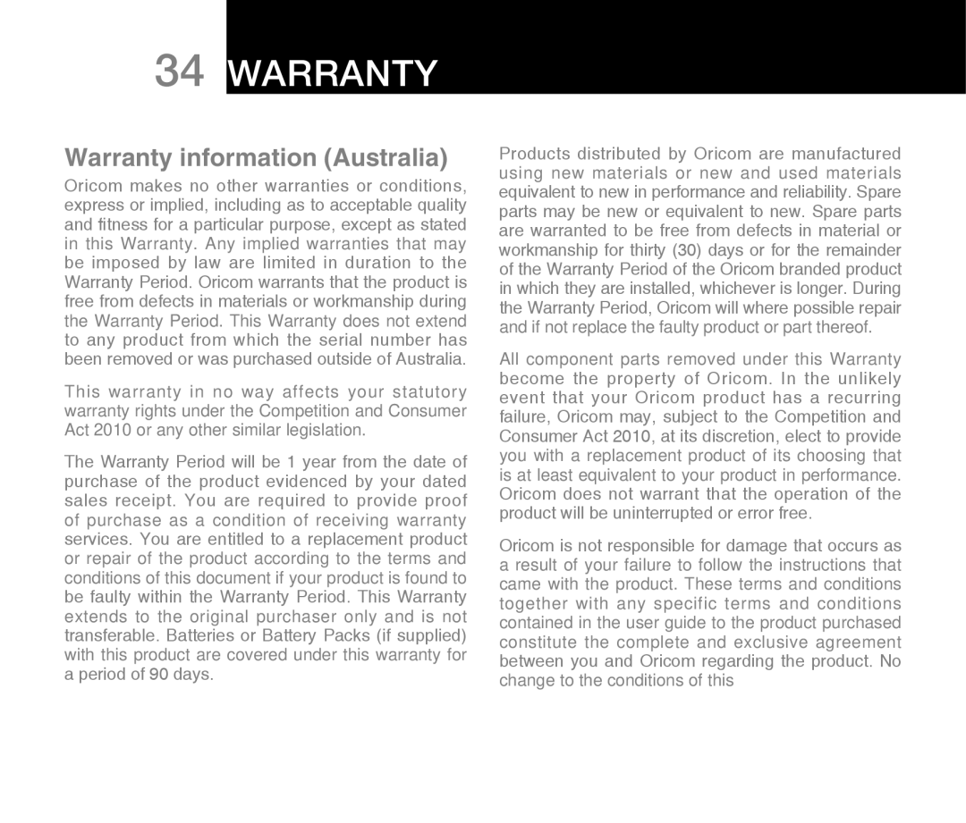 Oricom ECO71 warranty Warranty 