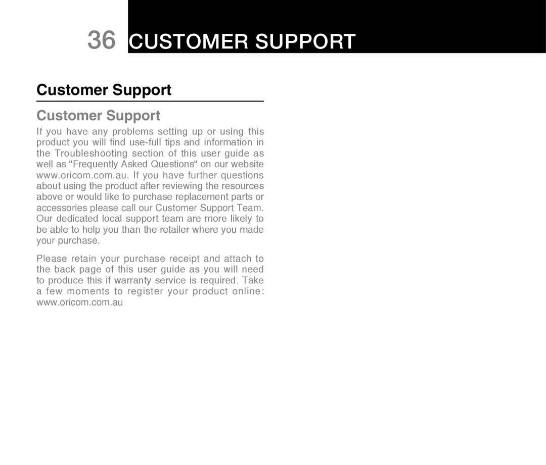 Oricom ECO71 warranty Customer Support 