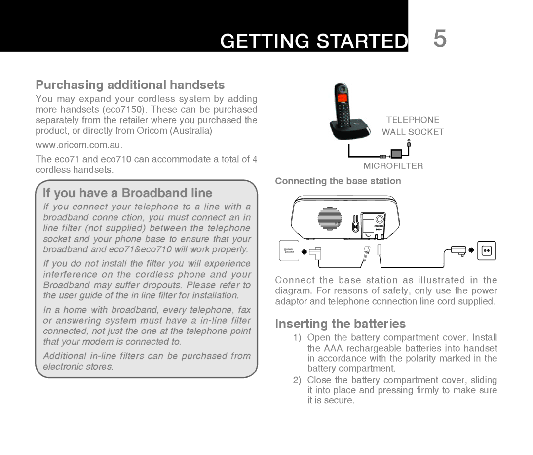 Oricom ECO71 warranty Purchasing additional handsets, If you have a Broadband line 