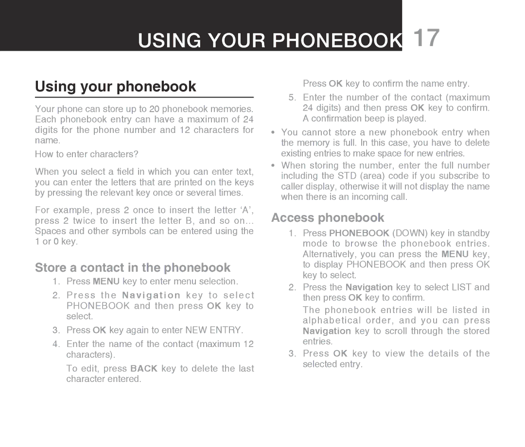 Oricom ECO710 warranty Using your phonebook, Store a contact in the phonebook, Access phonebook 