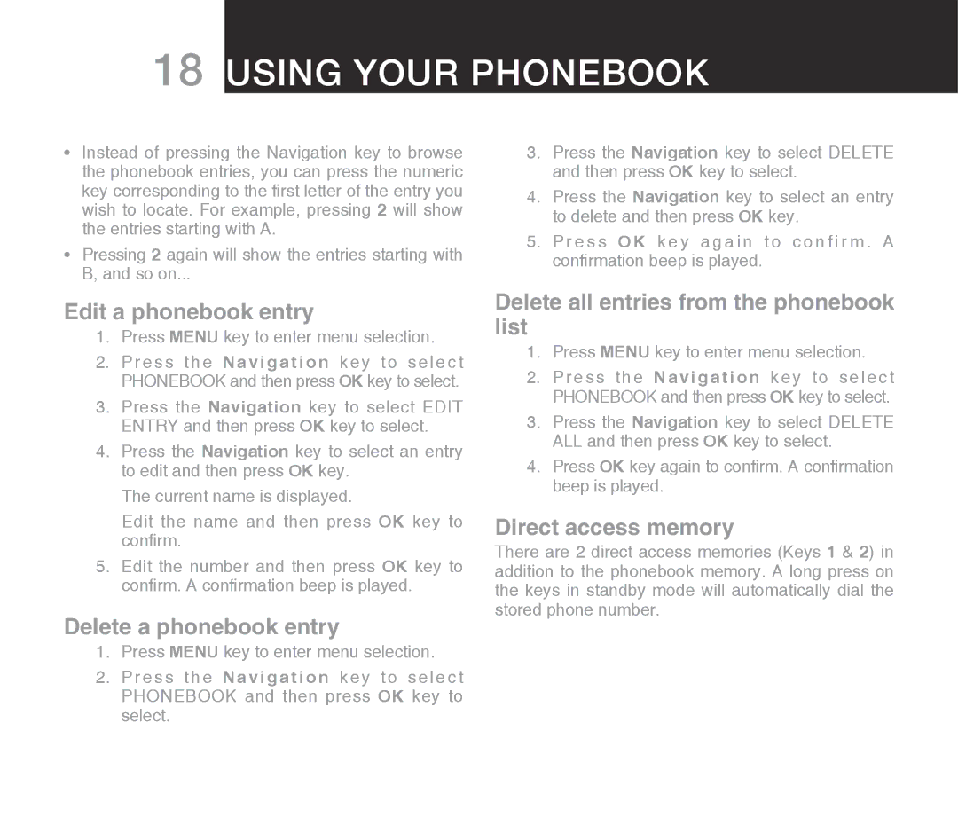 Oricom ECO710 warranty Edit a phonebook entry, Delete a phonebook entry, Delete all entries from the phonebook list 