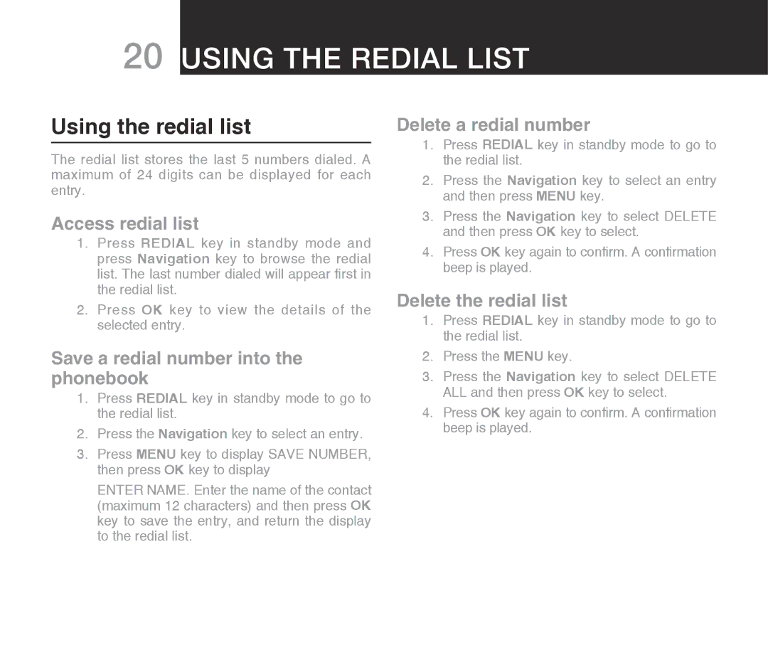 Oricom ECO710 warranty Using the redial list 