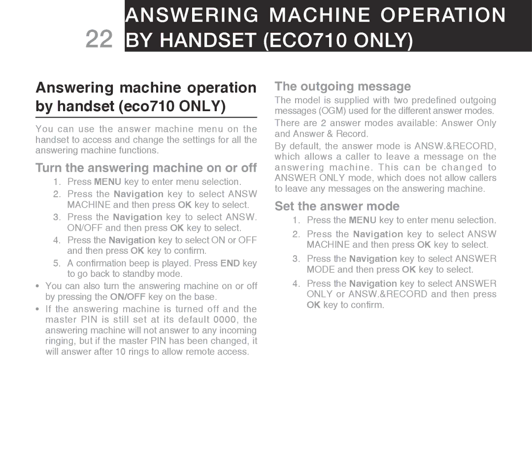 Oricom warranty Answering machine operation By handset ECO710 only, Answering machine operation by handset eco710 only 