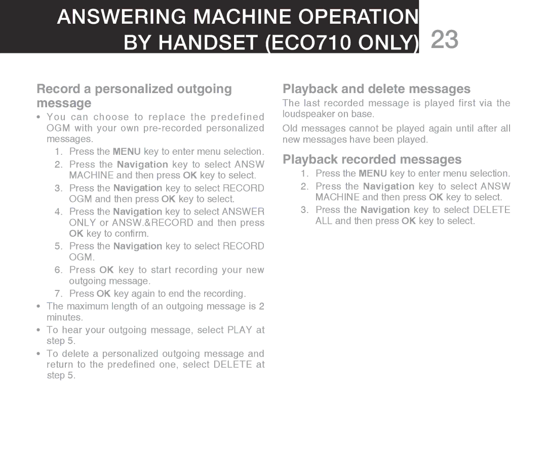 Oricom ECO710 warranty Record a personalized outgoing message, Playback and delete messages, Playback recorded messages 