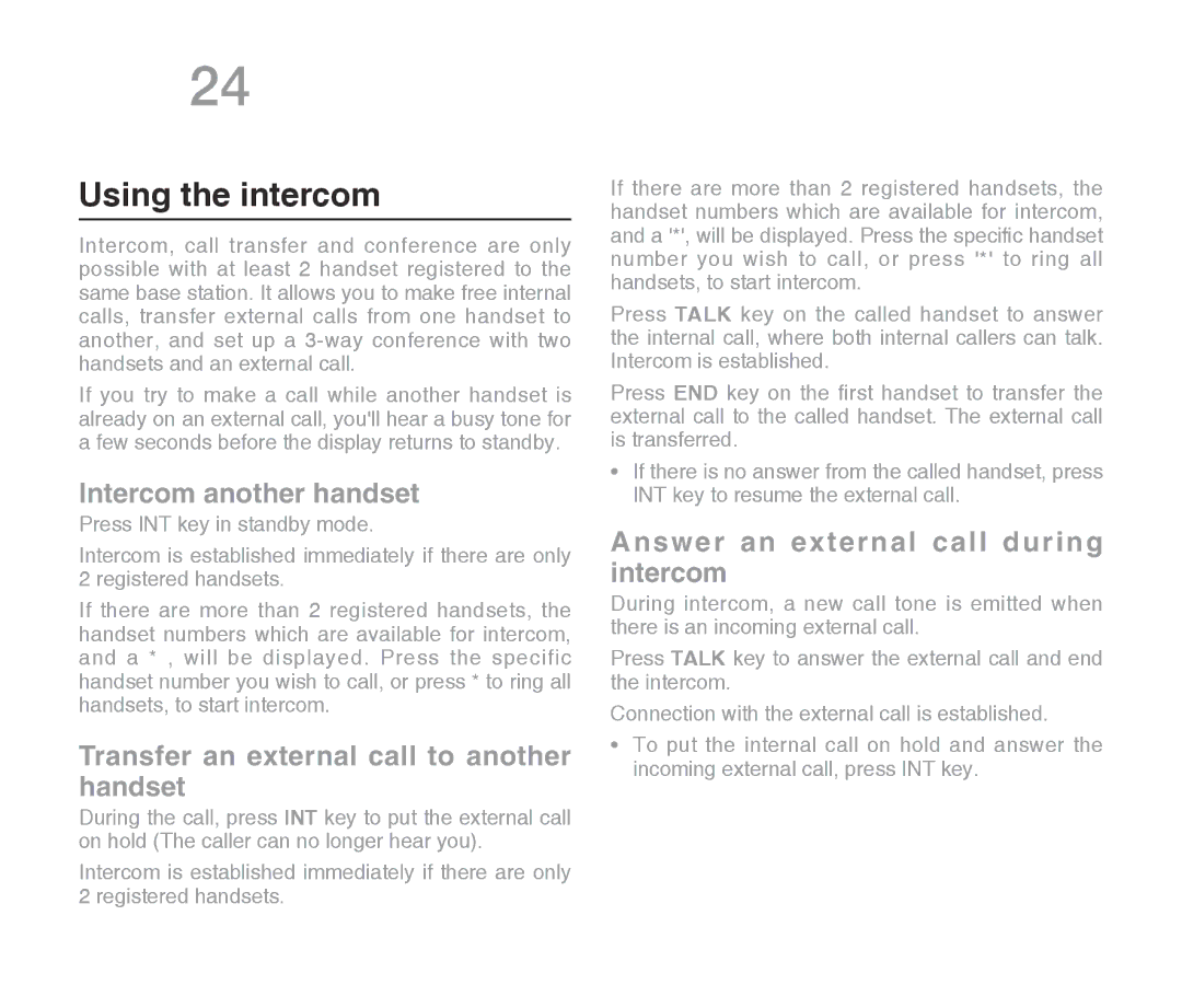 Oricom ECO710 warranty Using the intercom, Intercom another handset, Transfer an external call to another handset 