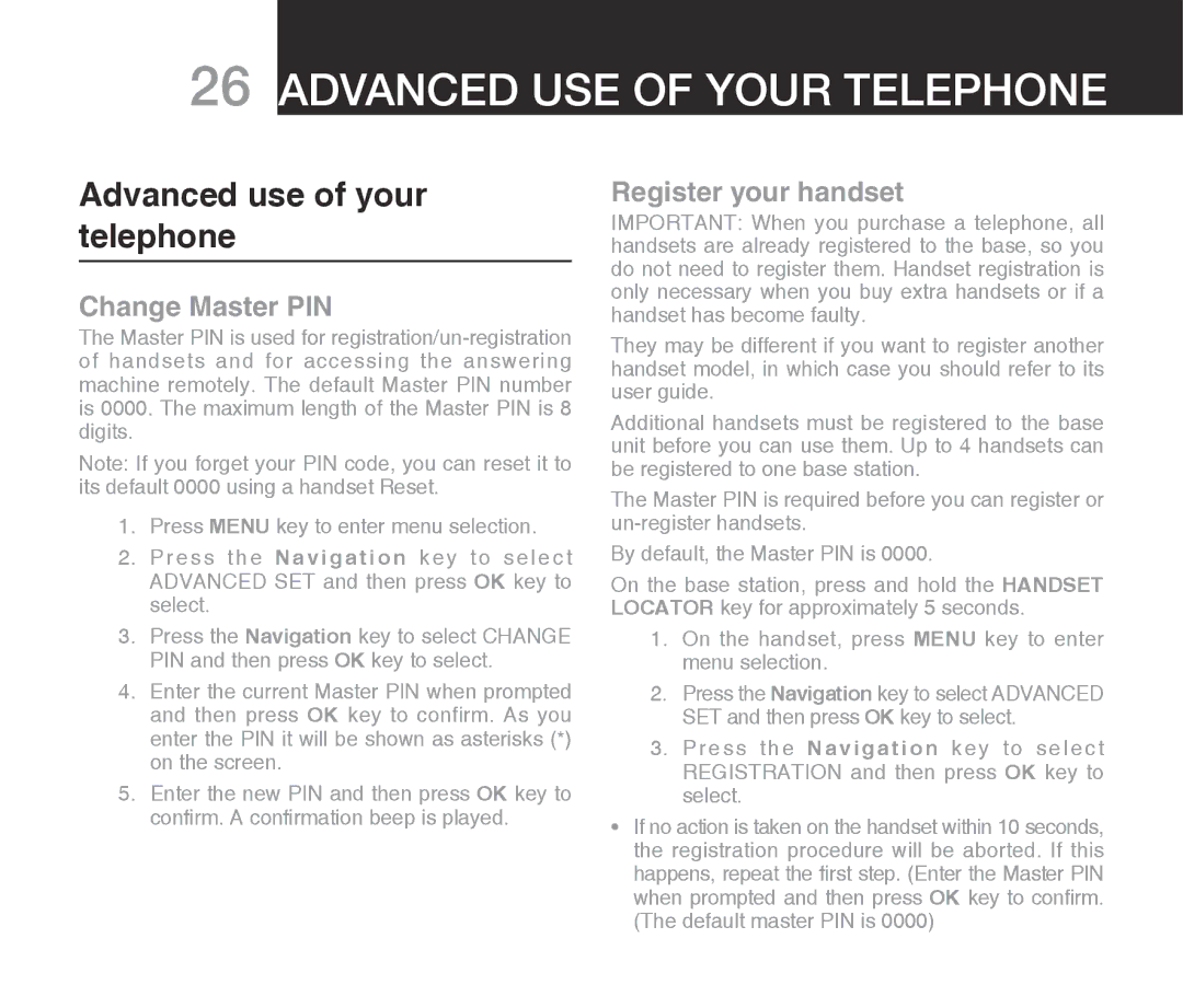 Oricom ECO710 warranty Advanced use of your telephone, Change Master PIN, Register your handset 