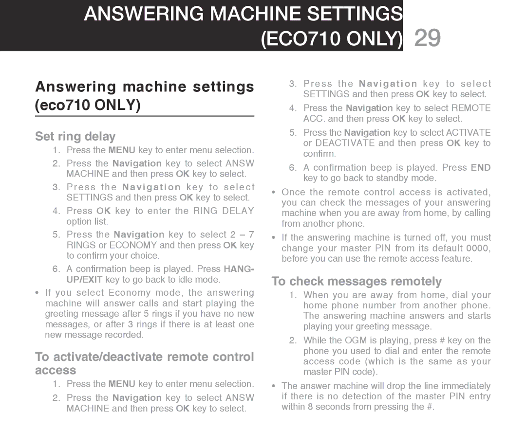 Oricom warranty Answering machine settings ECO710 only, Answering machine settings eco710 only, Set ring delay 