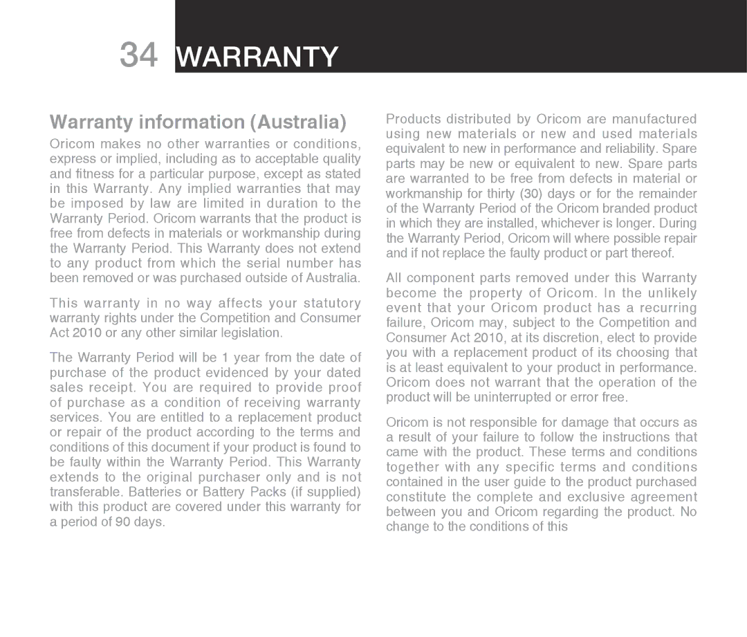 Oricom ECO710 warranty Warranty 