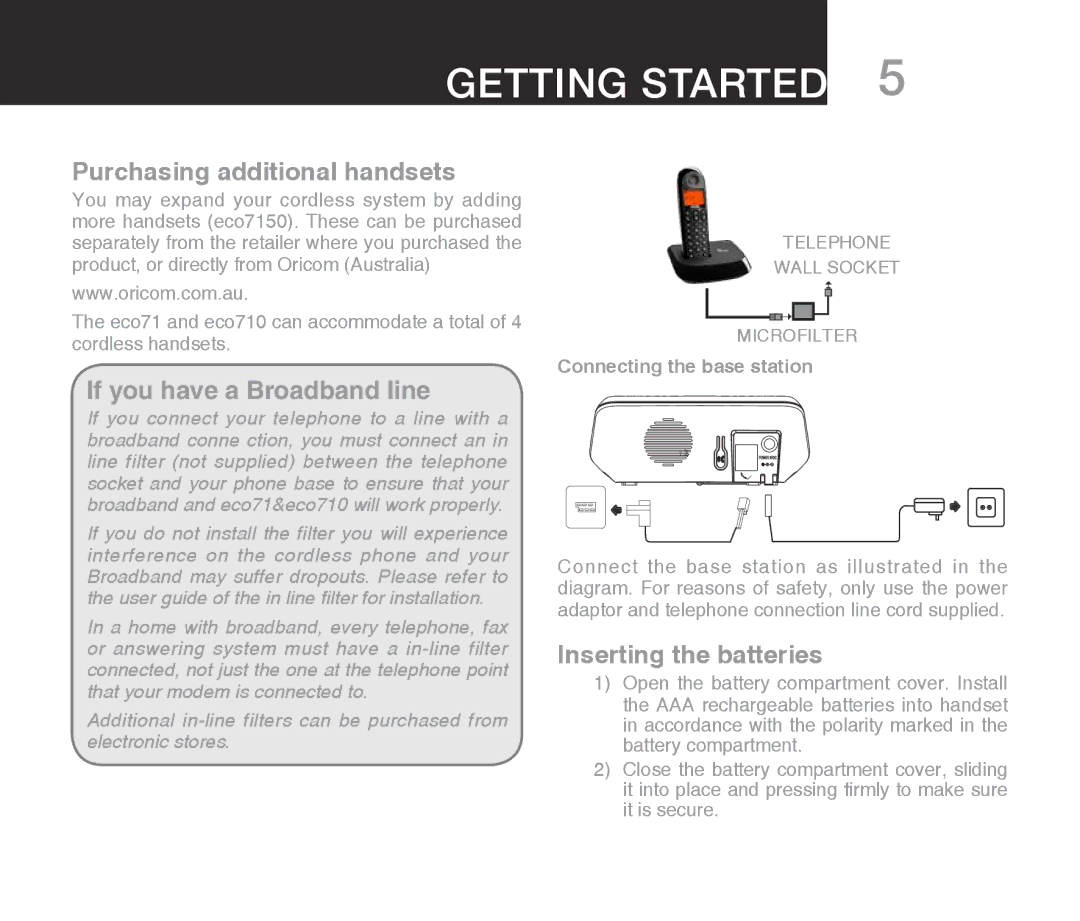 Oricom ECO710 warranty Purchasing additional handsets, If you have a Broadband line 