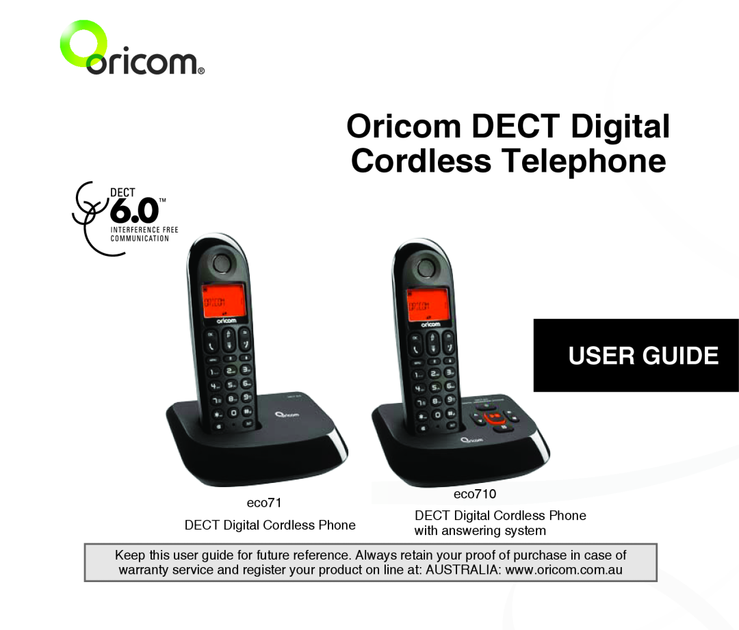 Oricom ECO710 warranty Oricom DECT Digital Cordless Telephone, User Guide, eco710, DECT Digital Cordless Phone 