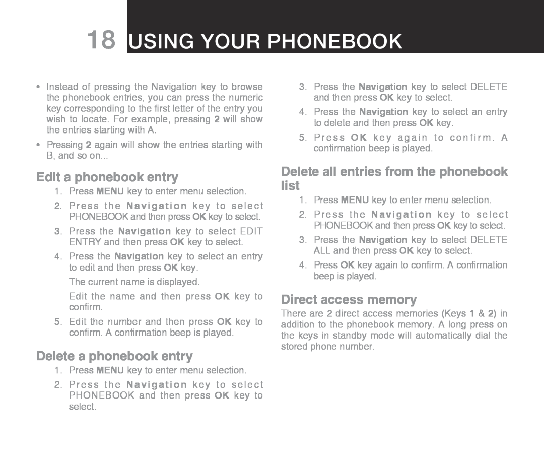 Oricom ECO710 warranty Using your phonebook, Edit a phonebook entry, Delete a phonebook entry, Direct access memory 