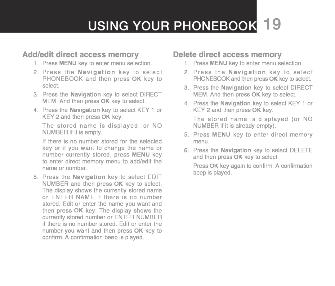 Oricom ECO710 warranty Add/edit direct access memory, Delete direct access memory, Using your phonebook 