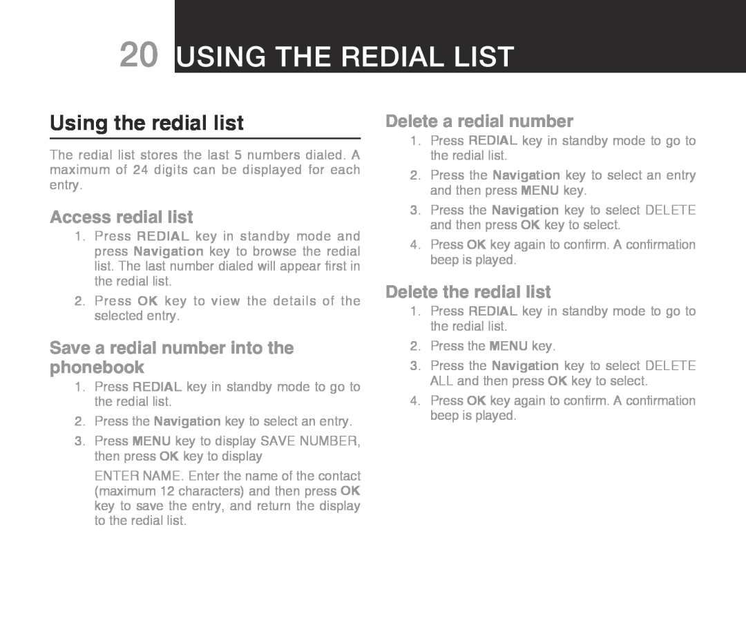 Oricom ECO710 Using the redial list, Access redial list, Save a redial number into the phonebook, Delete a redial number 