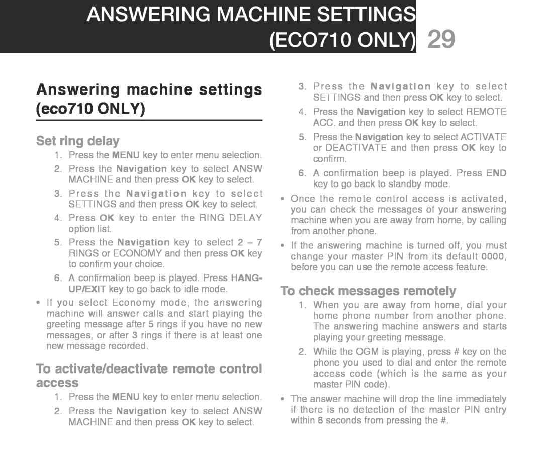 Oricom warranty Answering machine settings ECO710 ONLY, Answering machine settings eco710 ONLY, Set ring delay 
