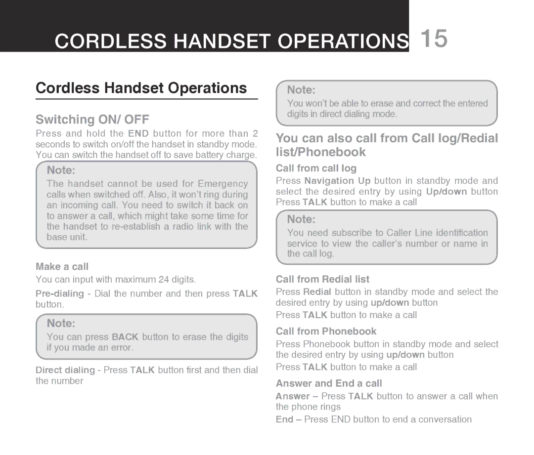 Oricom ECO7100-1 Cordless Handset Operations, Switching ON/ OFF, You can also call from Call log/Redial list/Phonebook 