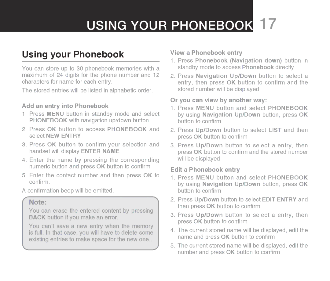 Oricom ECO7100-1 Using your phonebook, Using your Phonebook, Press OK button to access Phonebook and select NEW Entry 