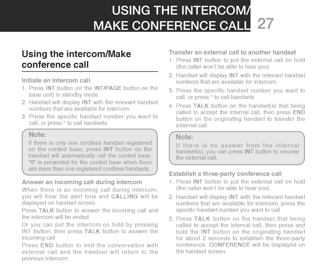 Oricom ECO7100-1 warranty Using the intercom/ Make conference call, Using the intercom/Make conference call 