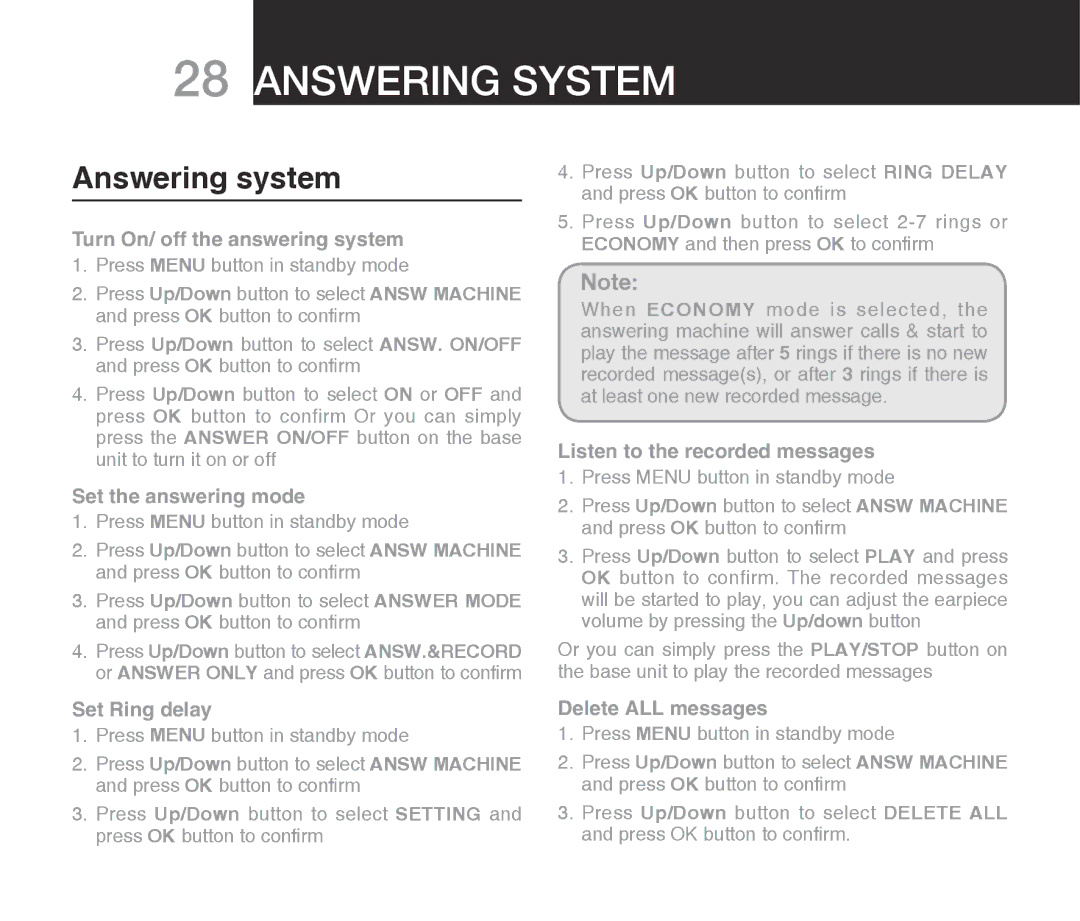 Oricom ECO7100-1 warranty Answering system 