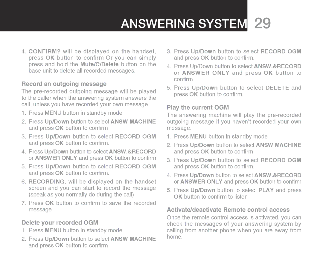 Oricom ECO7100-1 warranty Record an outgoing message, Delete your recorded OGM, Play the current OGM 