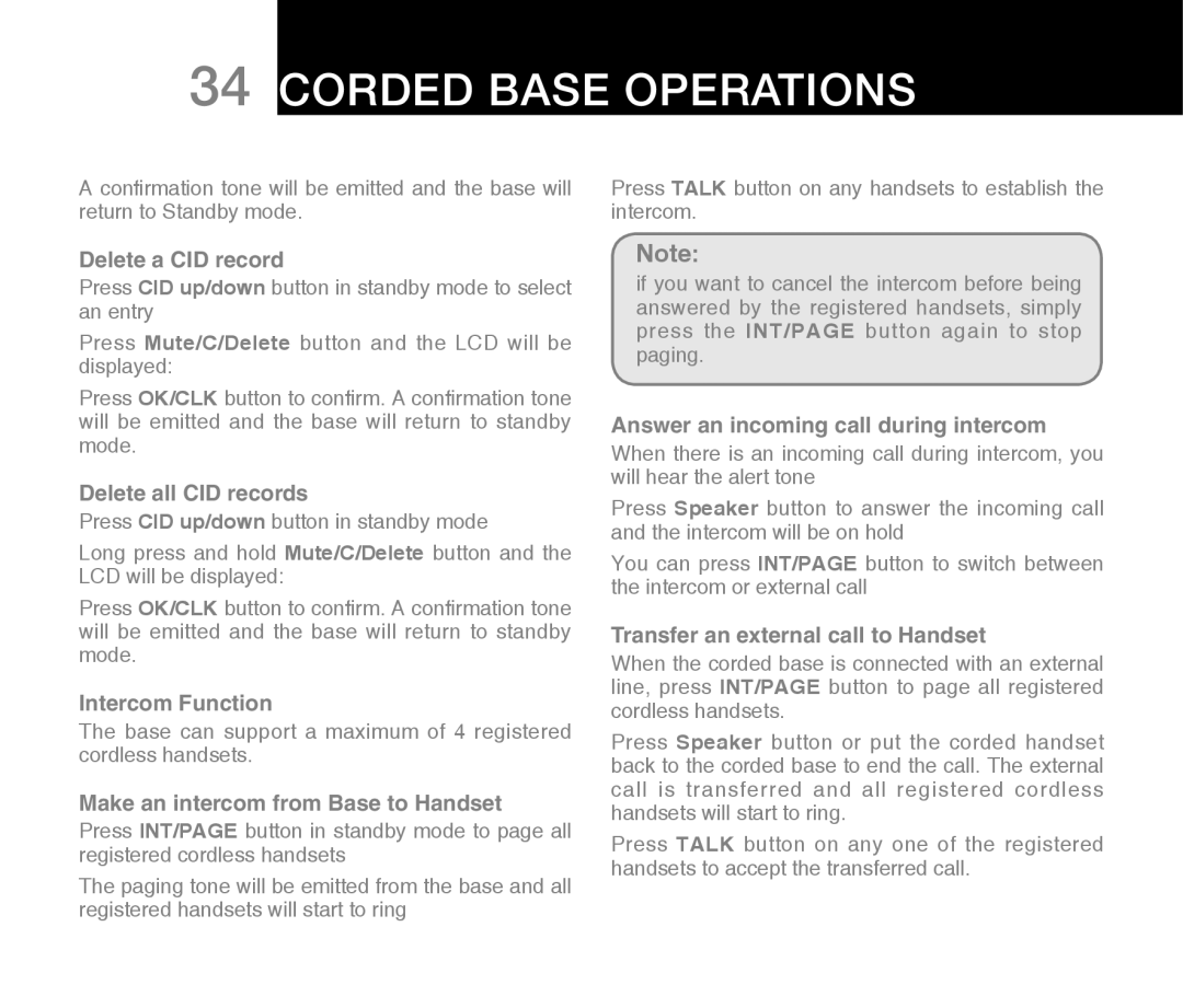 Oricom ECO7100-1 Delete a CID record, Delete all CID records, Intercom Function, Make an intercom from Base to Handset 